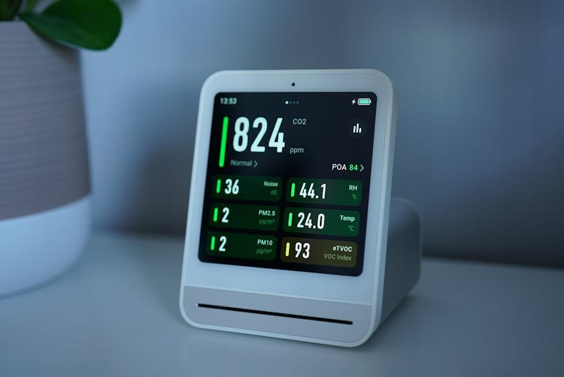 Digital indoor air quality monitor showing CO2 and PM2.5 readings